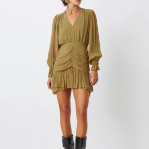 Abito corto in mussola con drappeggi e volant Clelia